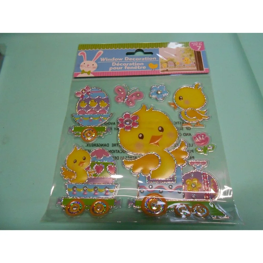 NEW FOIL Spring Easter Eggs Chicks Train Flowers‎ Window Sticker Clings 7 pc
